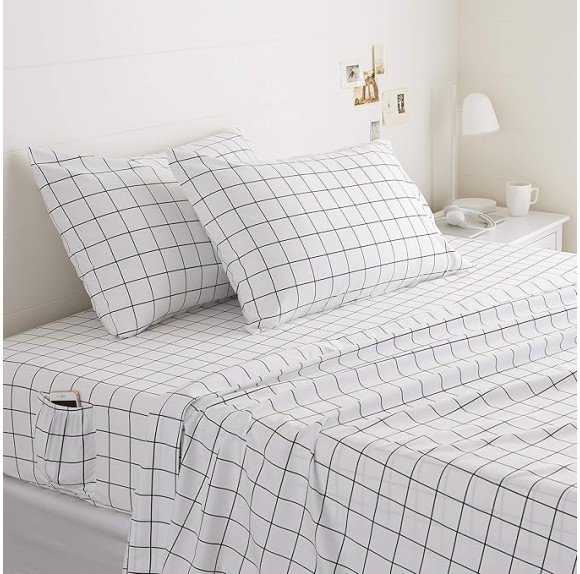 Soft Microfiber 4-Piece Bed Sheet Set with Elastic Side Pockets, Full, Black Grid, Geometric