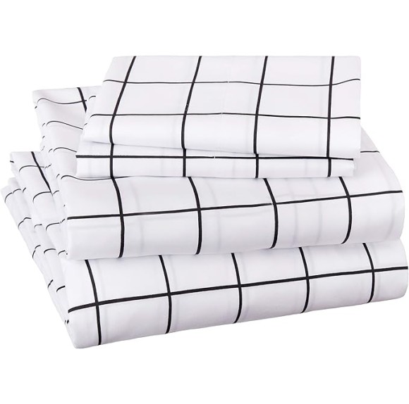 Soft Microfiber 4-Piece Bed Sheet Set with Elastic Side Pockets, Full, Black Grid, Geometric