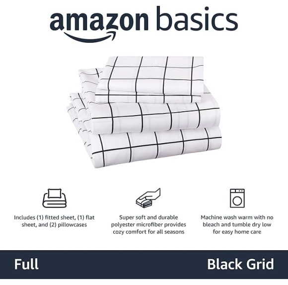 Soft Microfiber 4-Piece Bed Sheet Set with Elastic Side Pockets, Full, Black Grid, Geometric