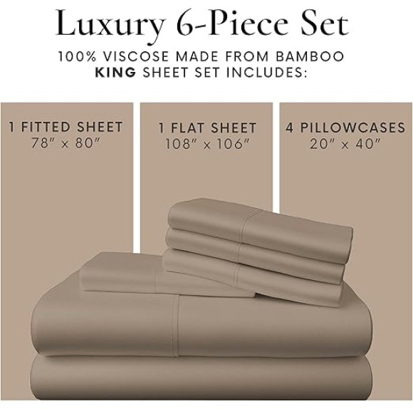 6 Piece King Size Sheets Set - 100% Viscose Made from Bamboo Sheets King Size - Soft Cooling Sheets for Hot Sleepers - Breathable King Sheets Deep Pocket Fits Up to 16" Mattress - Sand