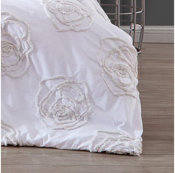 Twin Duvet Cover Set, Reversible Cotton Bedding with Matching Sham, All Season Home Decor (Rambling Rose White, Twin)