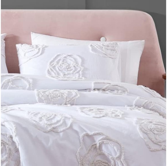 Twin Duvet Cover Set, Reversible Cotton Bedding with Matching Sham, All Season Home Decor (Rambling Rose White, Twin)