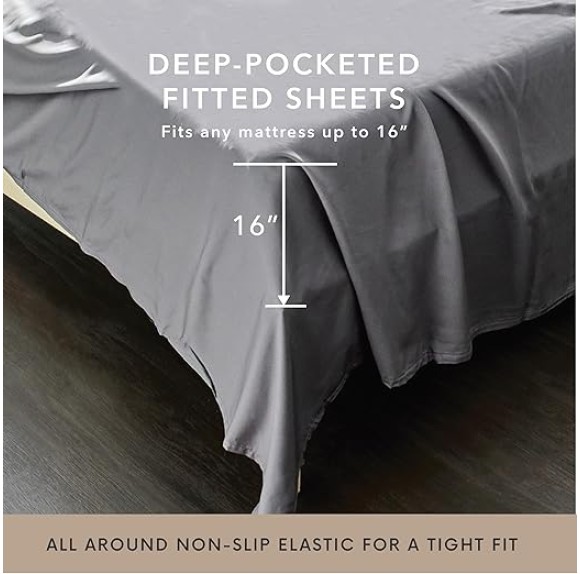 4 Piece King Size Sheets Set - 100% Viscose Made From Bamboo Sheets King Size - Soft Cooling Sheets For Hot Sleepers - Breathable King Sheets Deep Pocket Fits Up to 16" Mattress - Dark Grey