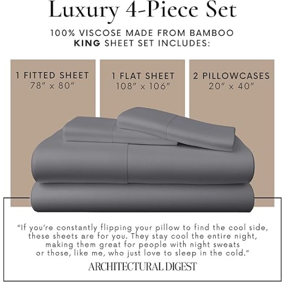 4 Piece King Size Sheets Set - 100% Viscose Made From Bamboo Sheets King Size - Soft Cooling Sheets For Hot Sleepers - Breathable King Sheets Deep Pocket Fits Up to 16" Mattress - Dark Grey