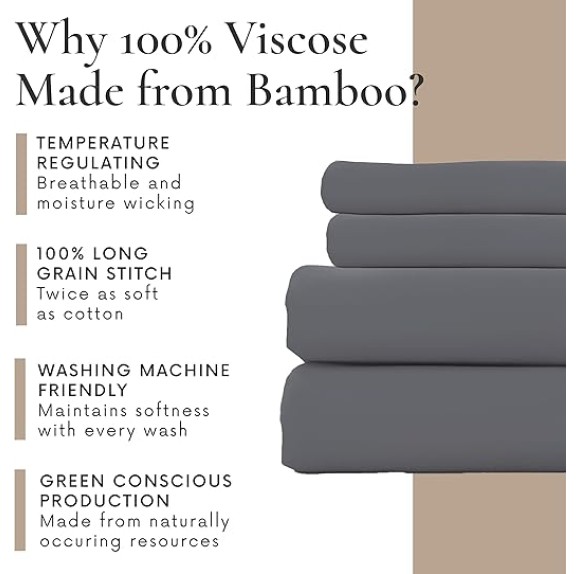 4 Piece King Size Sheets Set - 100% Viscose Made From Bamboo Sheets King Size - Soft Cooling Sheets For Hot Sleepers - Breathable King Sheets Deep Pocket Fits Up to 16" Mattress - Dark Grey