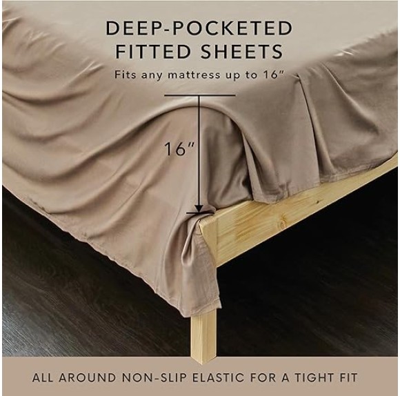 4 Piece Queen Sheet Set - 100% Viscose Made from Bamboo Sheets Queen Size Bed Set - Ultra Soft Cooling Sheets for Hot Sleepers - Breathable Queen Sheets Fits Up to 16'' Deep Pocket - Sand
