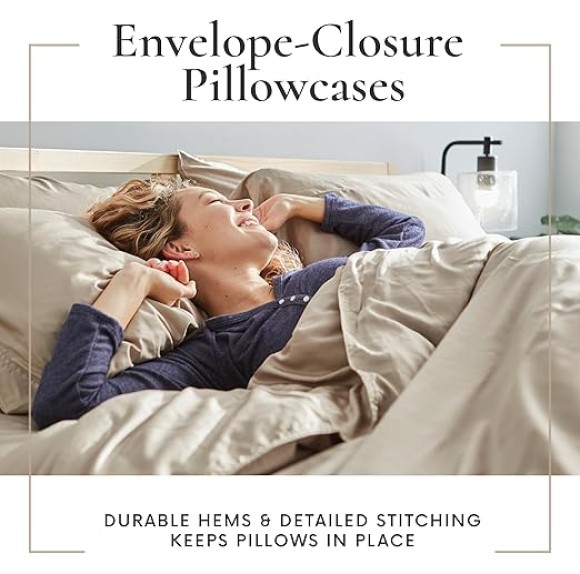4 Piece Queen Sheet Set - 100% Viscose Made from Bamboo Sheets Queen Size Bed Set - Ultra Soft Cooling Sheets for Hot Sleepers - Breathable Queen Sheets Fits Up to 16'' Deep Pocket - Sand