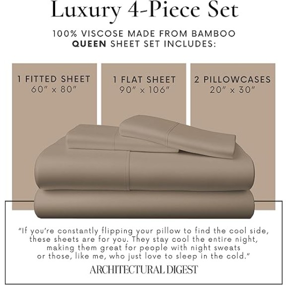 4 Piece Queen Sheet Set - 100% Viscose Made from Bamboo Sheets Queen Size Bed Set - Ultra Soft Cooling Sheets for Hot Sleepers - Breathable Queen Sheets Fits Up to 16'' Deep Pocket - Sand