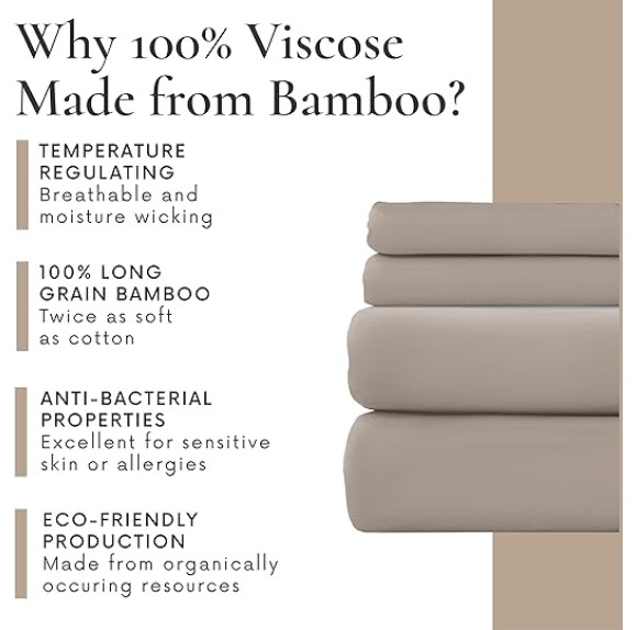 4 Piece Queen Sheet Set - 100% Viscose Made from Bamboo Sheets Queen Size Bed Set - Ultra Soft Cooling Sheets for Hot Sleepers - Breathable Queen Sheets Fits Up to 16'' Deep Pocket - Sand