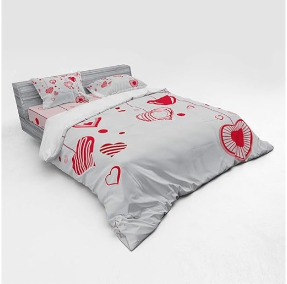 Love Bedding Set, Contour Hearts Hanging on Strings Romantic Anniversary Celebration Happy Print, 4 Piece Duvet Cover Set with Shams and Fitted Sheet, King Size, Rose Red Pink