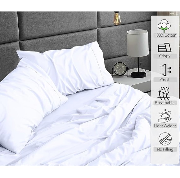 100% Cotton Sheets - Crispy Cooling Percale Sheets for Queen Size Bed, Breathable & Durable Queen Sheet Set, 16 Inches Deep Pocket Bed Sheets, Briliant White, 4 Pieces