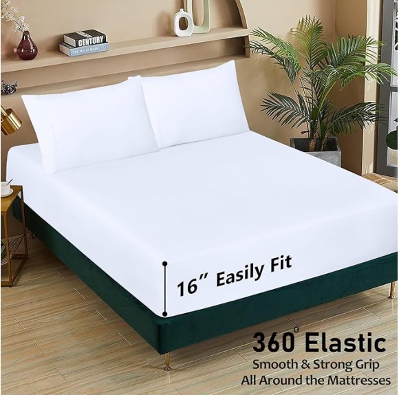100% Cotton Sheets - Crispy Cooling Percale Sheets for Queen Size Bed, Breathable & Durable Queen Sheet Set, 16 Inches Deep Pocket Bed Sheets, Briliant White, 4 Pieces