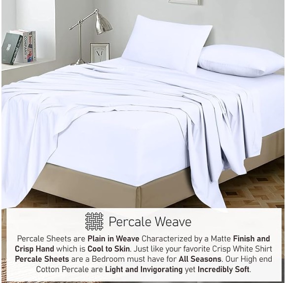 100% Cotton Sheets - Crispy Cooling Percale Sheets for Queen Size Bed, Breathable & Durable Queen Sheet Set, 16 Inches Deep Pocket Bed Sheets, Briliant White, 4 Pieces