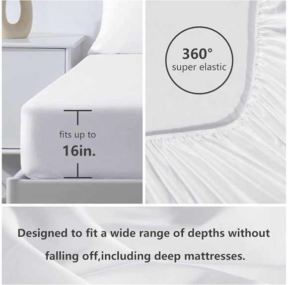 Hotel Luxury Queen Bed Sheets Set - 1800 Series 4-Piece Embroidered Microfiber Sheets, Double Brushed, 16" Deep Pocket, Soft and Wrinkle-Resistant, White