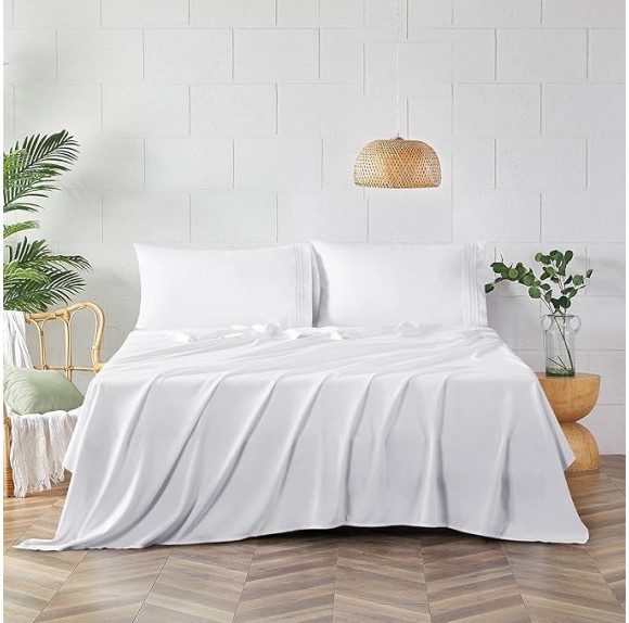 Hotel Luxury Queen Bed Sheets Set - 1800 Series 4-Piece Embroidered Microfiber Sheets, Double Brushed, 16" Deep Pocket, Soft and Wrinkle-Resistant, White
