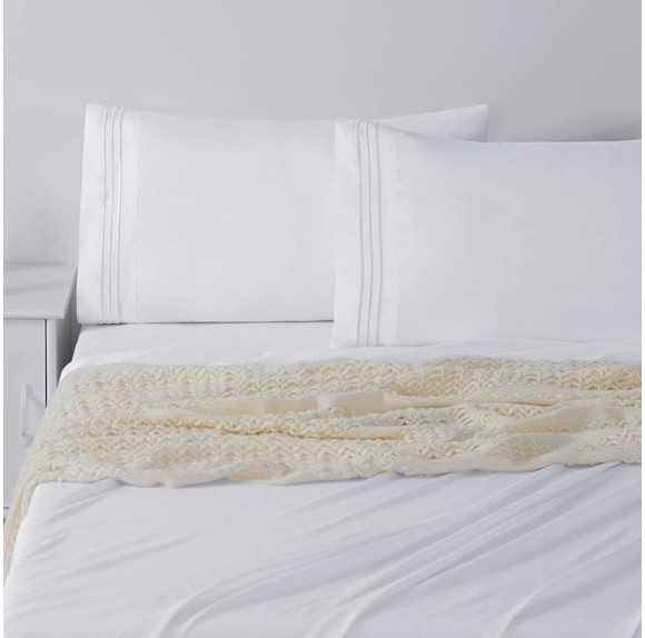 Hotel Luxury Queen Bed Sheets Set - 1800 Series 4-Piece Embroidered Microfiber Sheets, Double Brushed, 16" Deep Pocket, Soft and Wrinkle-Resistant, White