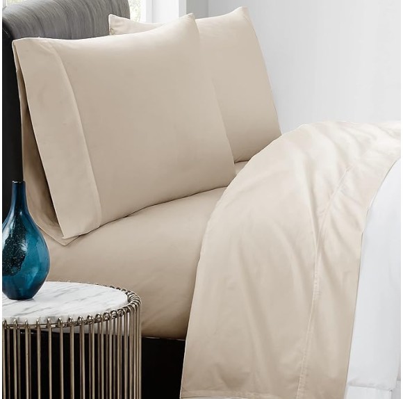 400 TC King 4 Piece Sheet and Pillowcase Set - Percale Cotton Collection - Khaki