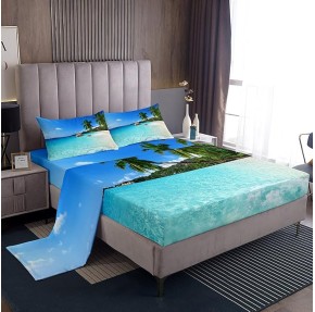 Ocean Sheet Sets, Summer Beach Bedding Sets, Hawaiian Vacation Style Top Sheet Palm Trees Tropical Nature Sea Theme 4 Pces Super Soft Bed Sheet Set, 1 Top Sheet+1 Fitted Sheet+2 Pillowcases, Queen