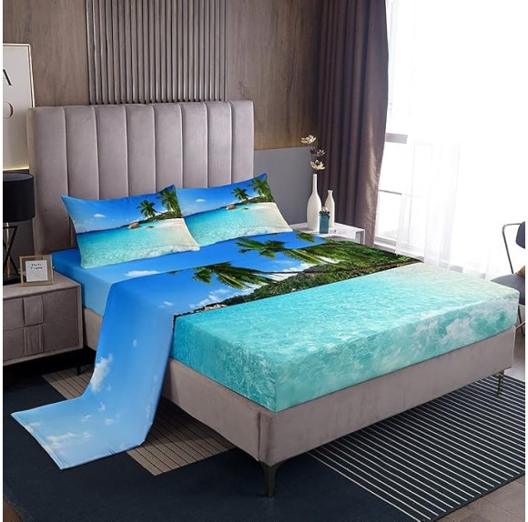 Ocean Sheet Sets, Summer Beach Bedding Sets, Hawaiian Vacation Style Top Sheet Palm Trees Tropical Nature Sea Theme 4 Pces Super Soft Bed Sheet Set, 1 Top Sheet+1 Fitted Sheet+2 Pillowcases, Queen