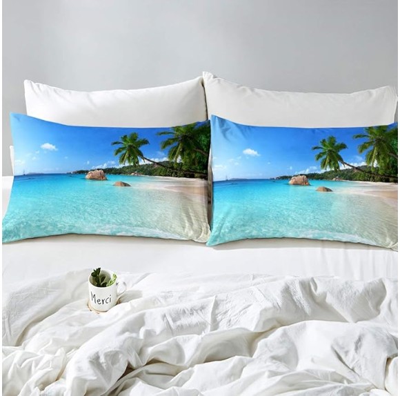 Ocean Sheet Sets, Summer Beach Bedding Sets, Hawaiian Vacation Style Top Sheet Palm Trees Tropical Nature Sea Theme 4 Pces Super Soft Bed Sheet Set, 1 Top Sheet+1 Fitted Sheet+2 Pillowcases, Queen
