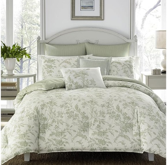 Home - Queen Duvet Cover Set, Reversible Cotton Bedding, Includes Matching Shams with Bonus Euro Shams & Throw Pillows (Natalie Green, Queen)