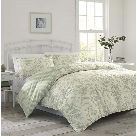 Home - Queen Duvet Cover Set, Reversible Cotton Bedding, Includes Matching Shams with Bonus Euro Shams & Throw Pillows (Natalie Green, Queen)