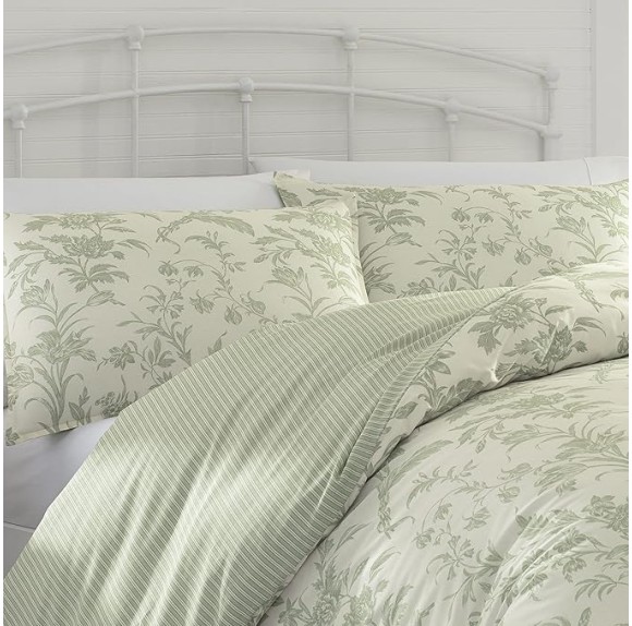 Home - Queen Duvet Cover Set, Reversible Cotton Bedding, Includes Matching Shams with Bonus Euro Shams & Throw Pillows (Natalie Green, Queen)