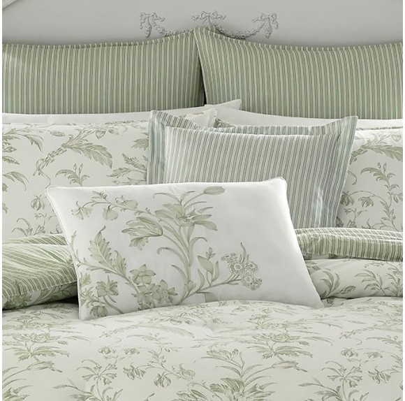 Home - Queen Duvet Cover Set, Reversible Cotton Bedding, Includes Matching Shams with Bonus Euro Shams & Throw Pillows (Natalie Green, Queen)