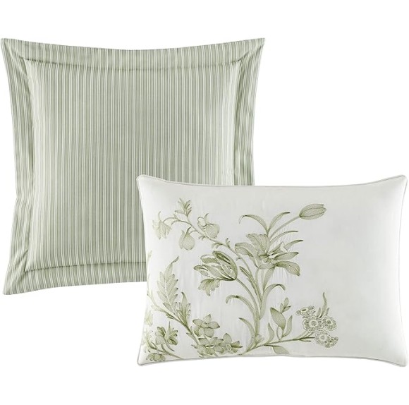 Home - Queen Duvet Cover Set, Reversible Cotton Bedding, Includes Matching Shams with Bonus Euro Shams & Throw Pillows (Natalie Green, Queen)