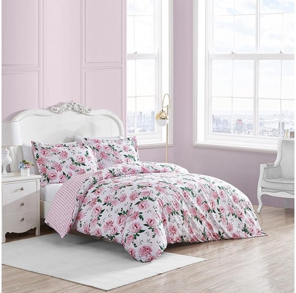Twin Duvet Cover Set, Reversible Bedding with Matching Sham, All Season Home Decor (Blooming Roses Pink, Twin)