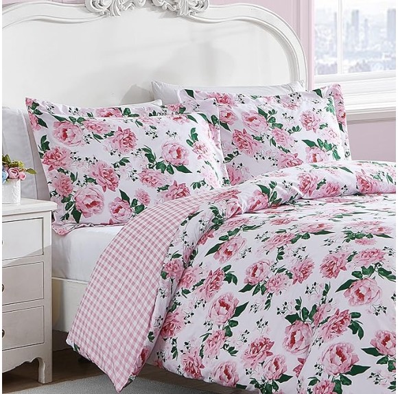 Twin Duvet Cover Set, Reversible Bedding with Matching Sham, All Season Home Decor (Blooming Roses Pink, Twin)