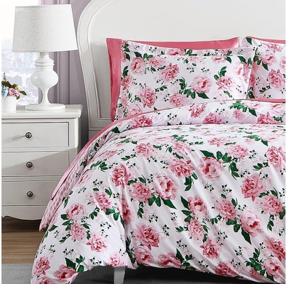 Twin Duvet Cover Set, Reversible Bedding with Matching Sham, All Season Home Decor (Blooming Roses Pink, Twin)