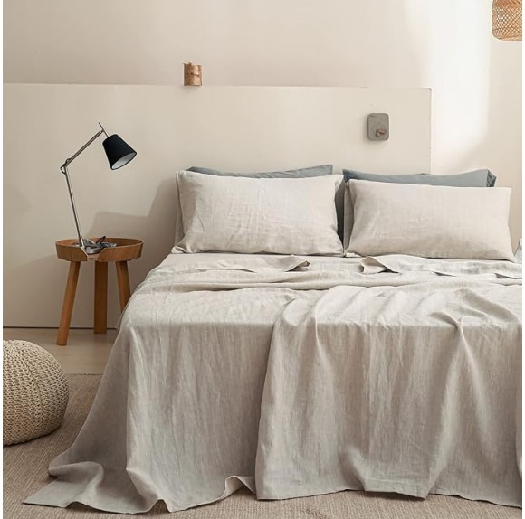 100% Linen Sheet Set Solid Color-3 Pcs Washed French Linen Bed Sheets(1 Flat Sheet,1 Fitted Sheet,1 Pillowcase)-Breathable Bedding Set (Twin, Basic Linen)