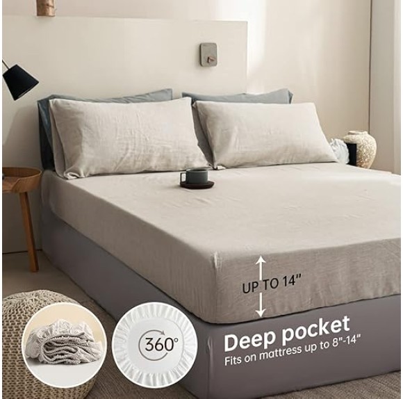 100% Linen Sheet Set Solid Color-3 Pcs Washed French Linen Bed Sheets(1 Flat Sheet,1 Fitted Sheet,1 Pillowcase)-Breathable Bedding Set (Twin, Basic Linen)