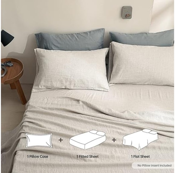 100% Linen Sheet Set Solid Color-3 Pcs Washed French Linen Bed Sheets(1 Flat Sheet,1 Fitted Sheet,1 Pillowcase)-Breathable Bedding Set (Twin, Basic Linen)