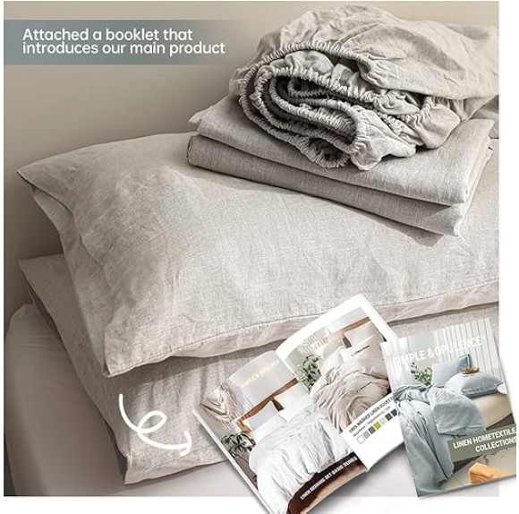 100% Linen Sheet Set Solid Color-3 Pcs Washed French Linen Bed Sheets(1 Flat Sheet,1 Fitted Sheet,1 Pillowcase)-Breathable Bedding Set (Twin, Basic Linen)