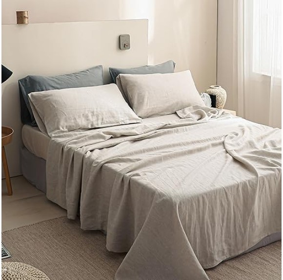 100% Linen Sheet Set Solid Color-3 Pcs Washed French Linen Bed Sheets(1 Flat Sheet,1 Fitted Sheet,1 Pillowcase)-Breathable Bedding Set (Twin, Basic Linen)