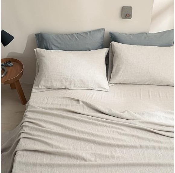 100% Linen Sheet Set Solid Color-3 Pcs Washed French Linen Bed Sheets(1 Flat Sheet,1 Fitted Sheet,1 Pillowcase)-Breathable Bedding Set (Twin, Basic Linen)