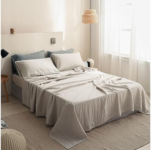 100% Linen Sheet Set Solid Color-3 Pcs Washed French Linen Bed Sheets(1 Flat Sheet,1 Fitted Sheet,1 Pillowcase)-Breathable Bedding Set (Twin, Basic Linen)