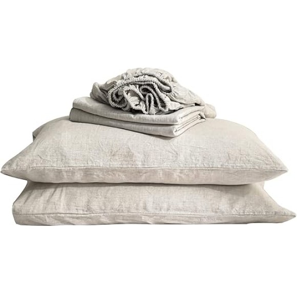 100% Linen Sheet Set Solid Color-3 Pcs Washed French Linen Bed Sheets(1 Flat Sheet,1 Fitted Sheet,1 Pillowcase)-Breathable Bedding Set (Twin, Basic Linen)