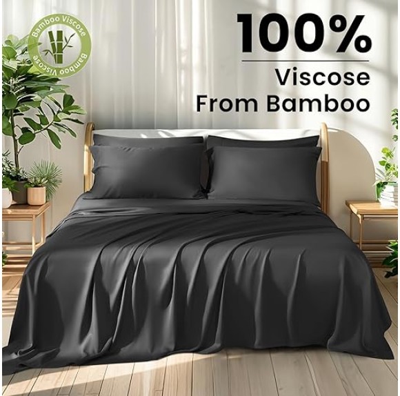 100% Viscose Derived from Bamboo_ Sheets Queen Size 6pcs - Ultra Cooling & Silky Soft Bed Sheets, 16" Deep Pocket, Perfect for Hot Sleepers, Hotel Bedding Sheets (Black)