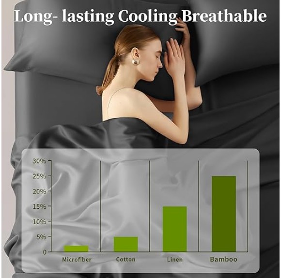 100% Viscose Derived from Bamboo_ Sheets Queen Size 6pcs - Ultra Cooling & Silky Soft Bed Sheets, 16" Deep Pocket, Perfect for Hot Sleepers, Hotel Bedding Sheets (Black)