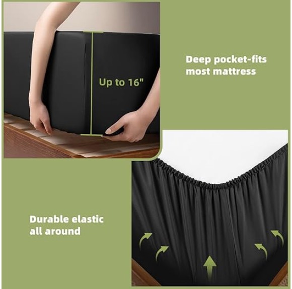 100% Viscose Derived from Bamboo_ Sheets Queen Size 6pcs - Ultra Cooling & Silky Soft Bed Sheets, 16" Deep Pocket, Perfect for Hot Sleepers, Hotel Bedding Sheets (Black)