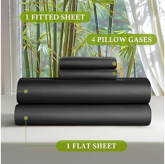 100% Viscose Derived from Bamboo_ Sheets Queen Size 6pcs - Ultra Cooling & Silky Soft Bed Sheets, 16" Deep Pocket, Perfect for Hot Sleepers, Hotel Bedding Sheets (Black)