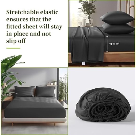100% Viscose Derived from Bamboo_ Sheets Queen Size 6pcs - Ultra Cooling & Silky Soft Bed Sheets, 16" Deep Pocket, Perfect for Hot Sleepers, Hotel Bedding Sheets (Black)
