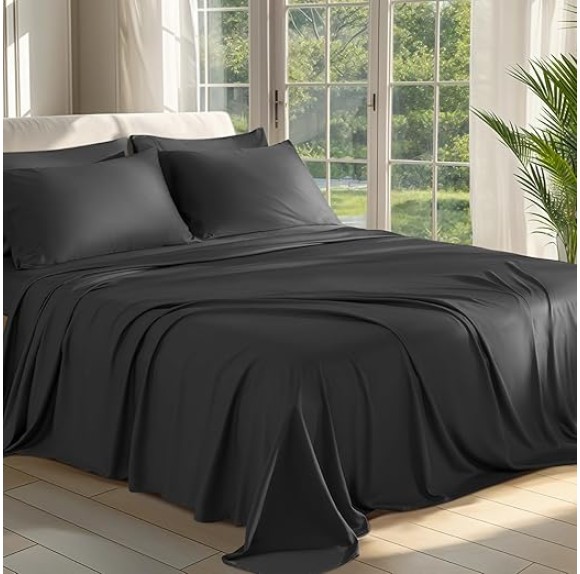 100% Viscose Derived from Bamboo_ Sheets Queen Size 6pcs - Ultra Cooling & Silky Soft Bed Sheets, 16" Deep Pocket, Perfect for Hot Sleepers, Hotel Bedding Sheets (Black)