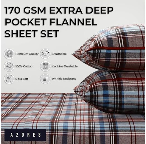 Brentwood Plaid Flannel Twin XL Sheet Set, Super Soft 100% Cotton, Extra Deep Pockets, Brown