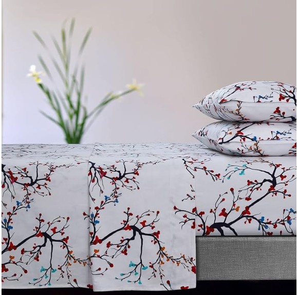 Ultra-Soft Flannel Sheet Set, 170-GSM Cotton, Deep Pocket, Cozy Winter Bedding - Queen, Emilla Tree Red