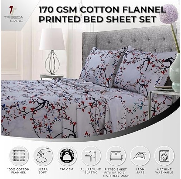 Ultra-Soft Flannel Sheet Set, 170-GSM Cotton, Deep Pocket, Cozy Winter Bedding - Queen, Emilla Tree Red