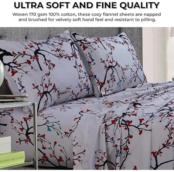 Ultra-Soft Flannel Sheet Set, 170-GSM Cotton, Deep Pocket, Cozy Winter Bedding - Queen, Emilla Tree Red